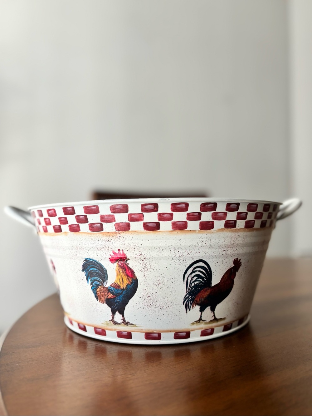 Rustic Rooster Farmhouse Bowl - Red & Blue Rooster Design - Hand Painted